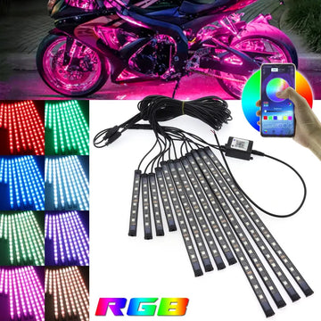OKEEN Motorcycle LED Light Kit Bluetooth 4.2 App Control RGB Multicolor Music Sync IP68 Waterproof DC 12V 12pcs Decorative Strip Light for Harley Honda Kawasaki - Imported from UK
